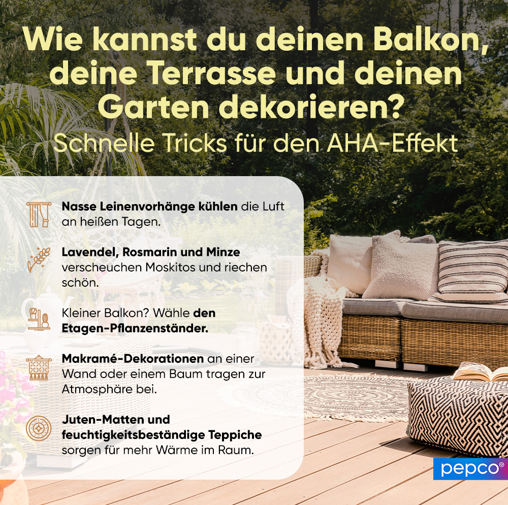 Wie kann man einen Balkon, eine Terrasse und einen Garten dekorieren? - Infografik