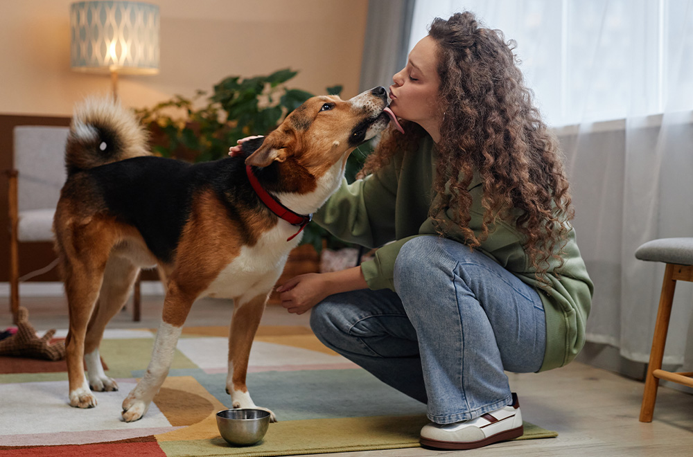 Frau mit Hund in der Wohnung.