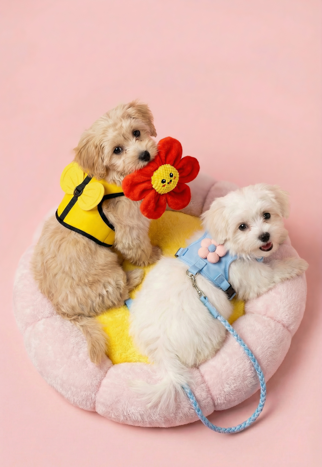 Der Hund hält ein buntes Spielzeug.